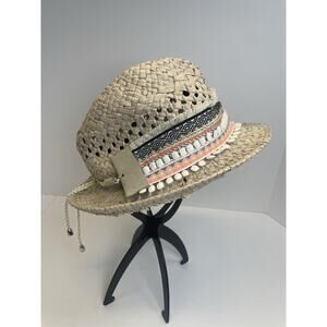 Express Brand Wicker Tan Fedora With Southwest Style Aztec Design Ribbon Band